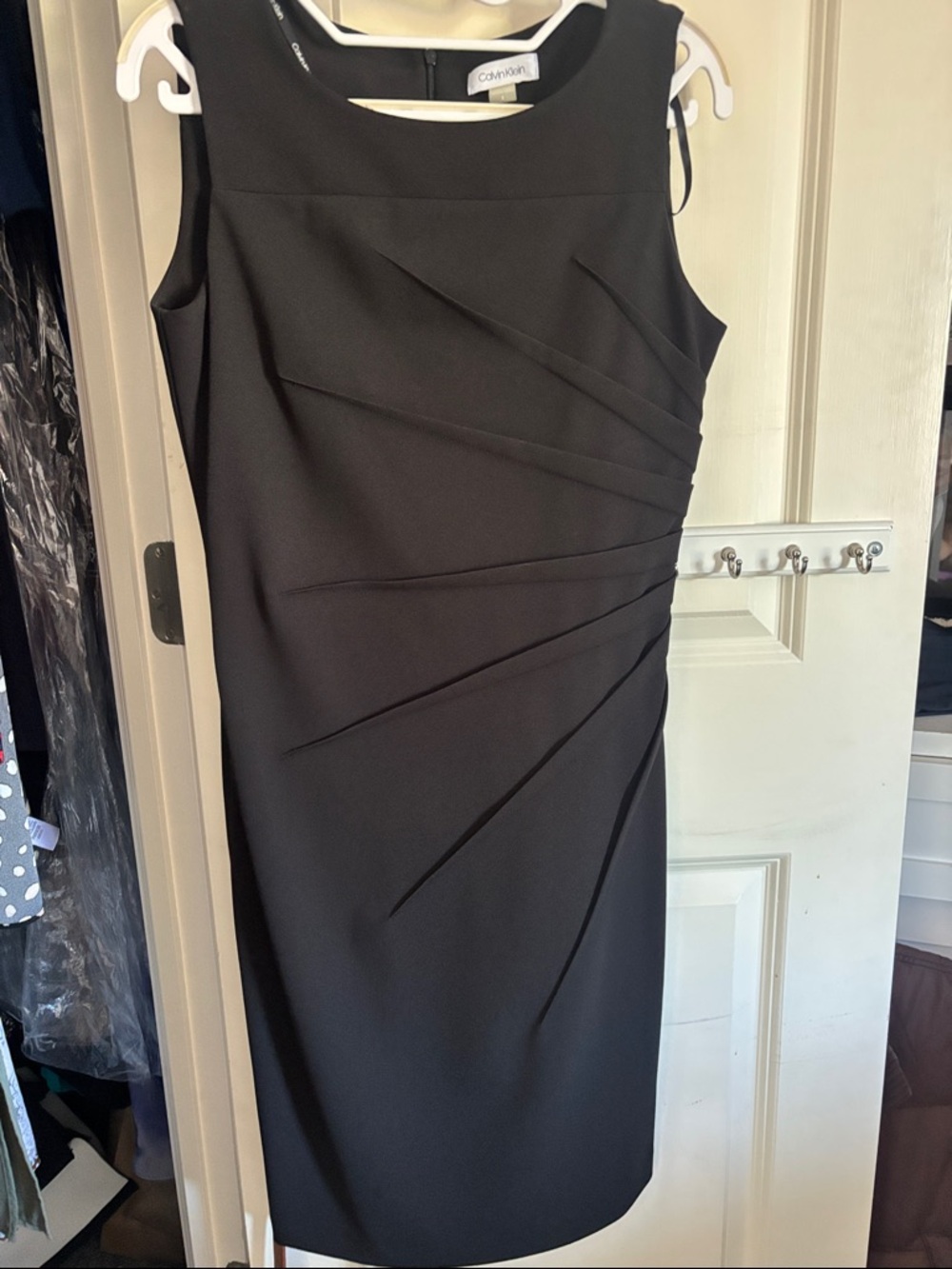 Calvin Klein Black Sleeveless Midi Sheath Dress with Draped Seams